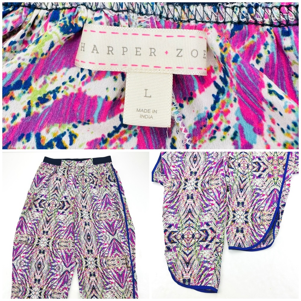 HARPER+ZOE Kaleidoscope Print Silky Lightweight Lounge Pants Curved Hem Tuxedo